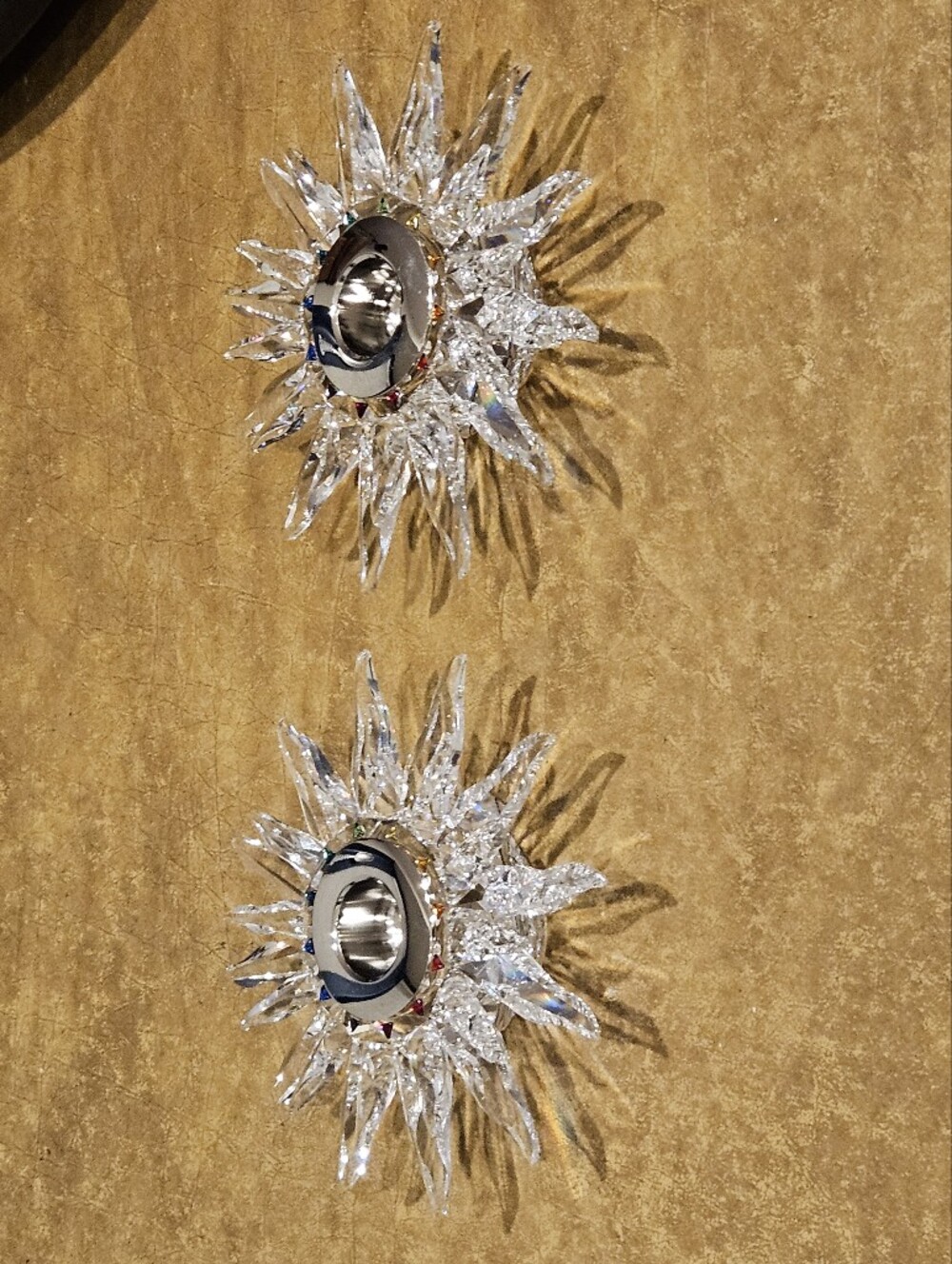 2 SWAROVSKI CRYSTAL SOLARIS SUN STAR SUNBURST FLOWER TAPER CANDLEHOLDER CANDLE